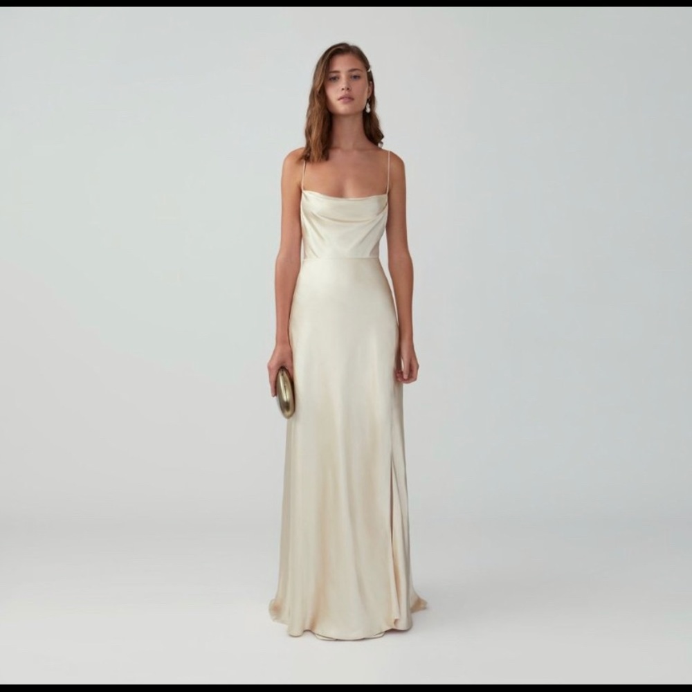 Fame & Partners Strappy Draped Gown in Ivory